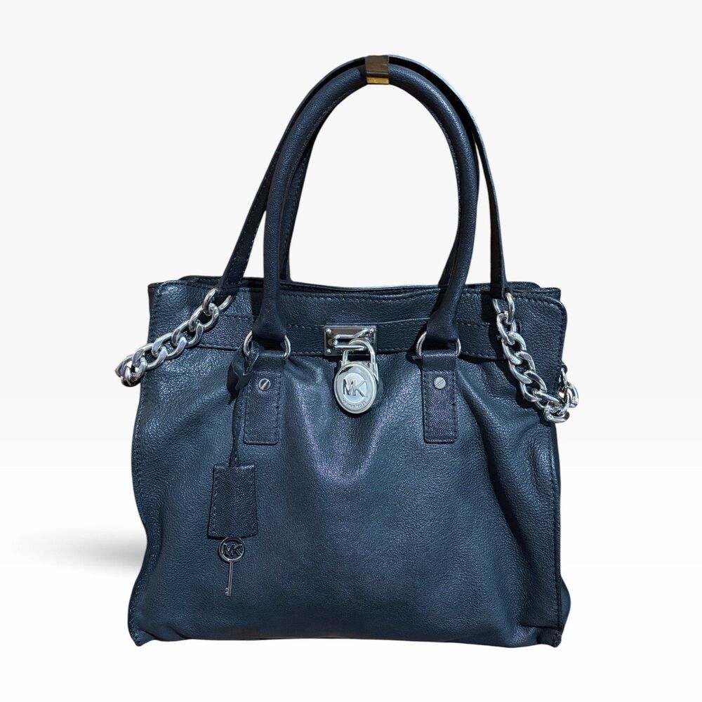 Michael Kors Hamilton Black Leather Satchel Tote Shoulder Bag Lock & Key Silver